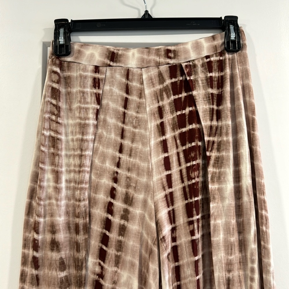 Women’s High Waisted Palazzo Tye Die Side Slit Pants Medium Brown Tan Cream - Picture 5 of 11